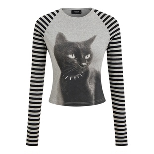 CIDER猫咪印花条纹圆领长袖棉质混纺T恤114975588