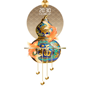 新中式福字玄关装饰画珐琅彩葫芦入户挂画万年历电子时钟立体灯画
