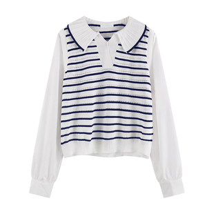 大码胖妹妹假两件拼接polo领针织衫女春秋新款设计感条纹长袖上衣