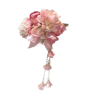 新古风中式氛围感汉服粉色花朵发夹女超仙流苏夹旗袍旅拍照头发饰