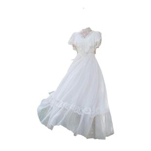 法式复古vintage古董轻婚纱订婚礼服白色仙女长裙公主领证连衣裙