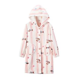 千线艺【轻暖法兰绒】女童睡袍冬季保暖柔软珊瑚绒儿童浴袍家居袍