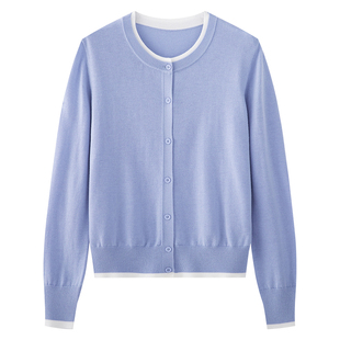 蓝色假两件撞色圆领针织开衫外搭女早春新款可机洗绵羊毛毛衣外套