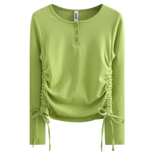 秋季新款心机抽绳绿色长袖T恤女纯棉时尚妈妈修身内搭打底衫上衣