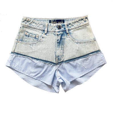 中高腰做旧水洗拼接牛仔短裤热裤