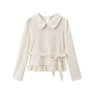 奶油的宇宙 波点绑带荷叶边娃娃领磨毛内搭长袖女甜美假两件上衣