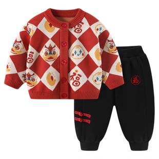 婴儿秋冬套装男宝宝红色中国风两件套一岁男童周岁衣服新年拜年服