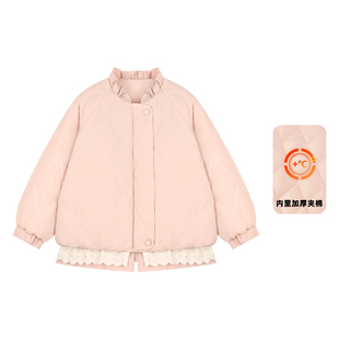 Amybaby女童上衣冬季2025新款韩版休闲洋气甜美花边保暖棉服外套