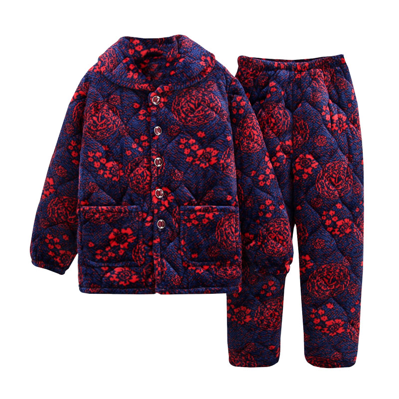 法兰绒夹棉中老年家居服套装加厚