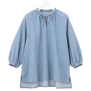 23区日系秋季通勤宽松水洗牛仔棉V领套头七分袖衬衣衬衫商场同款