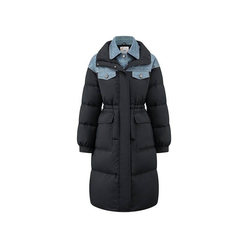 艾莱依奥莱冬季新款羽绒服女假两件牛仔拼接长款收腰设计感外套