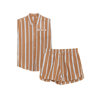 谜底套装女年夏季新品复古文艺风竖条纹衬衣+短裤242MTZ0505