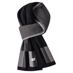 回力轻商务英伦格纹围巾男零扎感黑色保暖防风加厚围脖拼色冬季款