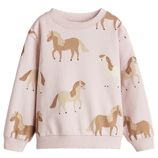 HM童装儿童女童卫衣春季圆领长袖内里拉绒印花套衫1305880