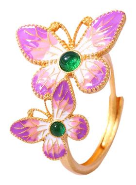 高定系列中国风古法镀金珐琅彩釉蝴蝶戒指小众设计2025秋冬季配饰