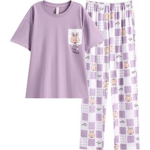 芬腾睡衣女纯棉夏季短袖长裤套头可爱卡通全棉夏天薄款家居服套装