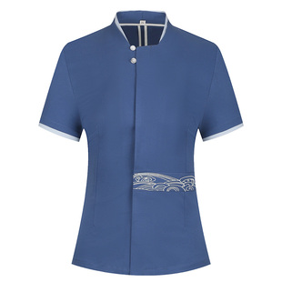 酒店餐饮服务员工作服女春季短袖2022年新款酒楼火锅店中式红色男