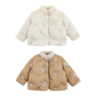 幼悠女童小花团绣花羽绒服2025冬季领口袖边毛绒拼接防风保暖外套