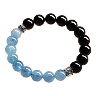 普陀山黑曜石海蓝宝手串女款官方天然水晶手链送女朋友的礼物