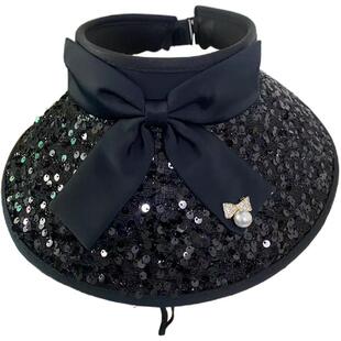 2025新款亮片大帽檐蝴蝶结空顶帽子女户外防晒防紫外线遮阳帽优雅
