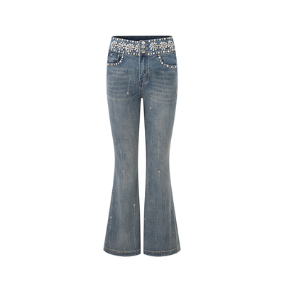 Sun雅乔 秋冬新款显瘦时尚喇叭裤重工钉珠烫钻微喇牛仔裤女长裤子