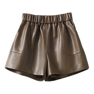 海宁真皮短裤女高腰绵羊皮宽松阔腿裤气质显瘦百搭休闲a字皮靴裤