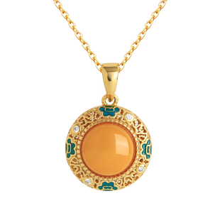 天然蜜蜡纯银珐琅平安扣吊坠女新中式国风黄色玉石锁骨链琥珀项链