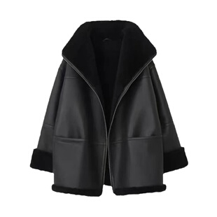 刘雯同款黑色皮毛一体外套女机车款皮衣夹克宽松保暖廓形皮草大衣