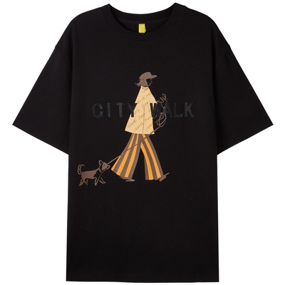 U/TI黑色城市漫步印花T恤女装 简约阔感圆领短袖尤缇2024夏季新款