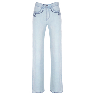 浅色高腰宽松牛仔裤女2026春时尚小众镶钻撞色设计感蓝白色微喇裤