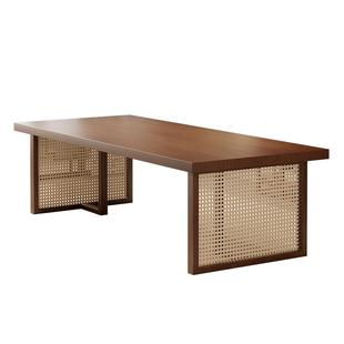 中古风藤编实木书桌客厅大板实木长条书桌新中式阳台茶桌茶台组合