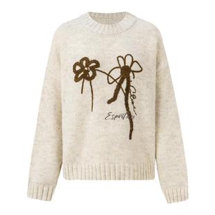 ESPRIT/埃斯普利特韩式蝴蝶结刺绣毛衣圆领宽松慵懒高级感针织衫