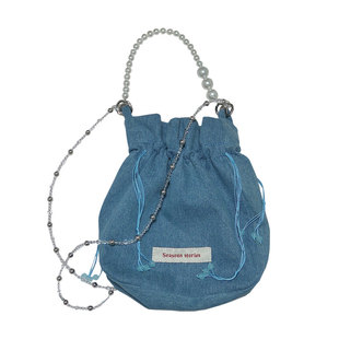 四时seasons珍珠牛仔包 原创斜挎手提复古抽绳收口包小众链条