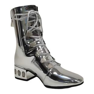 金色银色红色亮漆皮粗跟绑带马丁靴模特走秀比赛表演小码大码短靴