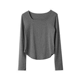 优可丝木纤维女士方领长袖打底衫纯色修身T恤 基础 百搭 山东网店