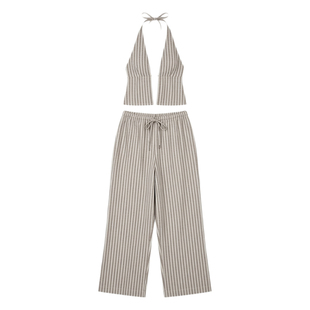 Halterneck sleeveless tank top wide leg pant suit 街头两件套