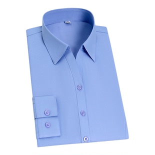 秋季女士商务长袖衬衫灰色显瘦免烫职业装方领修身工装工作服衬衣