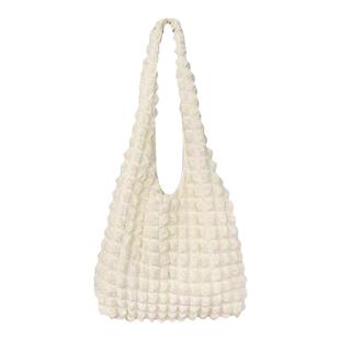 Wfei软芙芙泡泡花朵手提圆筒包女新款日韩少女质感单肩包购物袋女