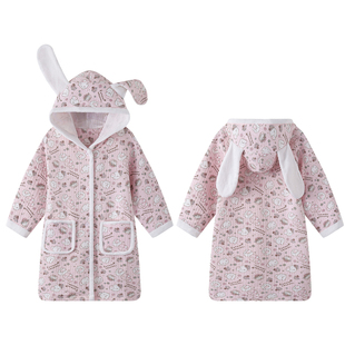 女童秋冬纯棉空气层三层夹棉可爱猫咪睡袍全棉宝宝家居袍儿童浴袍