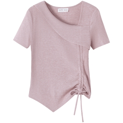 慕兔韩系不规则抽褶短袖t恤