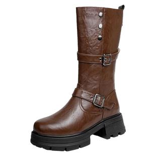 棕色美拉德靴子女冬季加绒中筒靴厚底真皮羊毛骑士靴皮毛一体女鞋