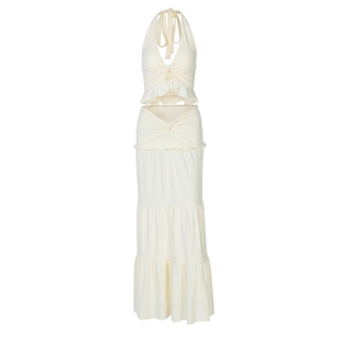 gusty法式慵懒度假风套装纯欲辣妹荷叶边挂脖吊带上衣+低腰长裙夏