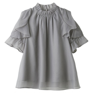 SNIDEL2025秋冬新品甜美小立领荷叶边泡泡袖雪纺衬衫SWFB254122