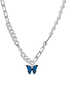 甜美多巴胺粉色立体碎冰蓝蝴蝶项链项圈彩色蓝色配饰贝珠锁骨链女