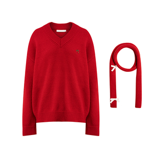 Kroche 圣诞新年 圣诞红V领蝴蝶结宽松毛衣带围巾新年战衣