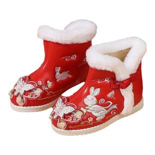冬季女童汉服鞋中国风棉靴儿童皮靴古装加绒靴子古风棉鞋绣花皮鞋