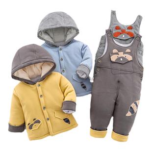 小数点童装男宝宝冬季加厚背带裤套装男童夹棉带帽外穿上衣套装