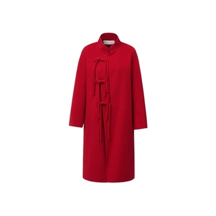 VGRASS维格娜丝秋冬新中式国风立领斜襟正红色绵羊毛长款H型大衣