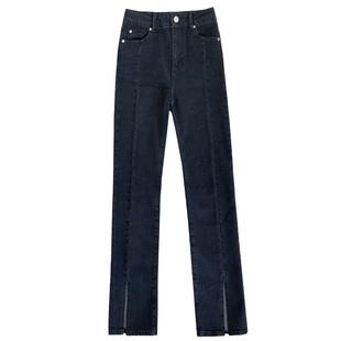 漫画少女腿超显瘦高腰前分叉喇叭裤直筒牛仔裤高个子裤子女加长版