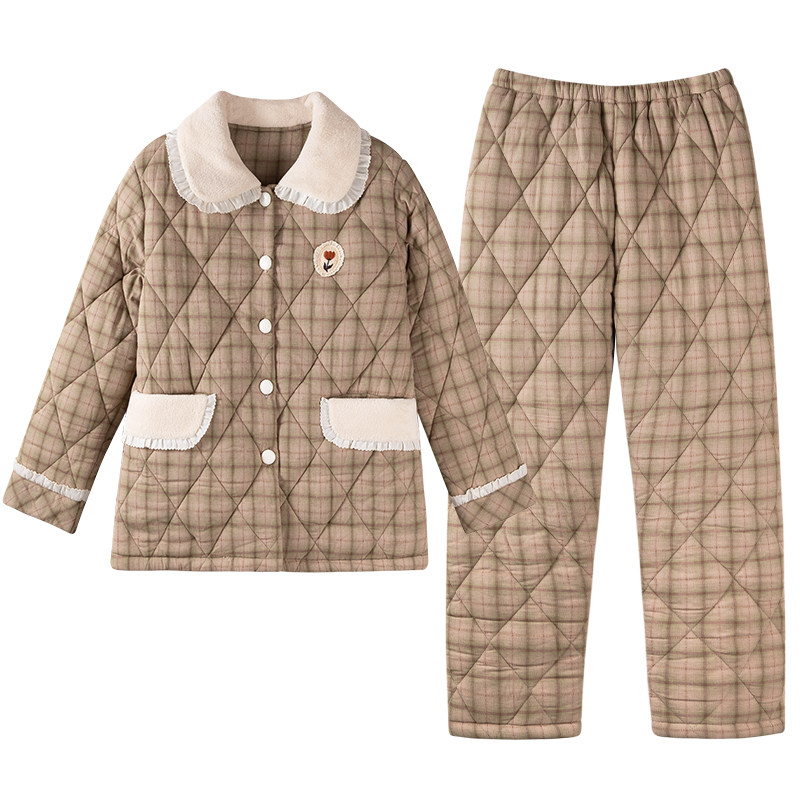 芬腾睡衣女冬季三层加厚加绒梭织纯棉夹棉珊瑚绒冬款家居服